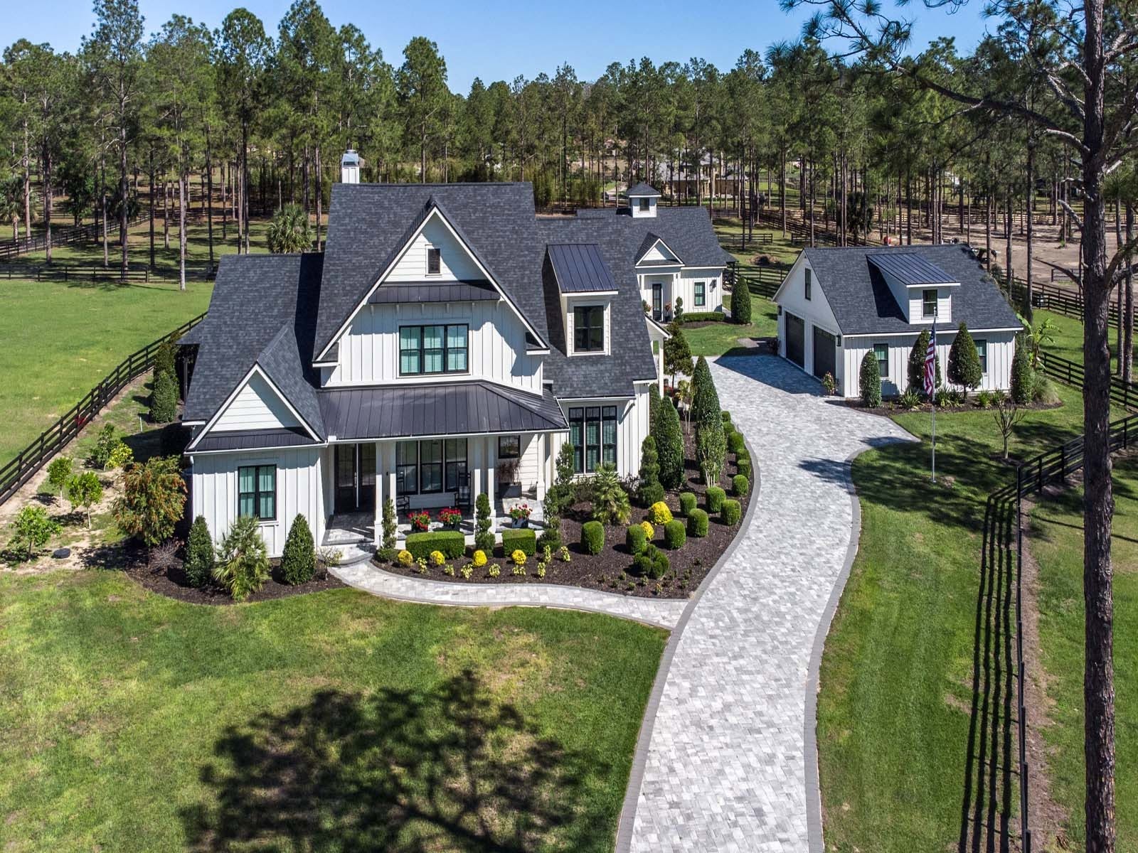 Aerial view of a Mosco custom modern farmhouse estate